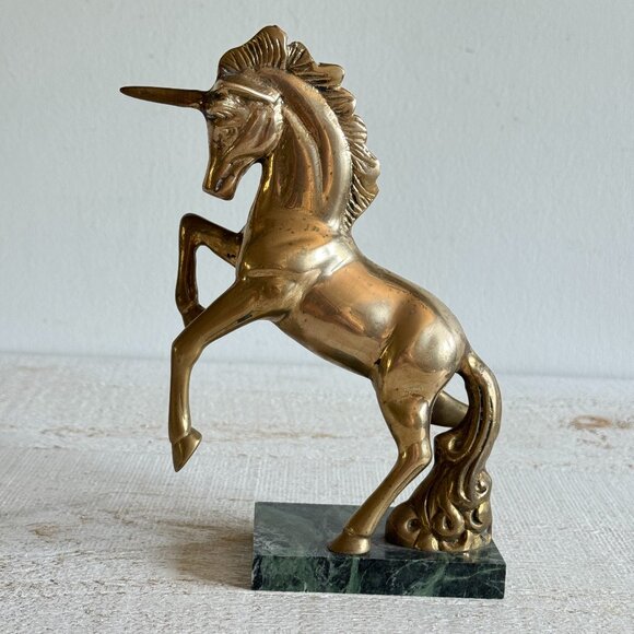 Vintage Brass Unicorn Standing on Stone Base - Picture 1 of 10